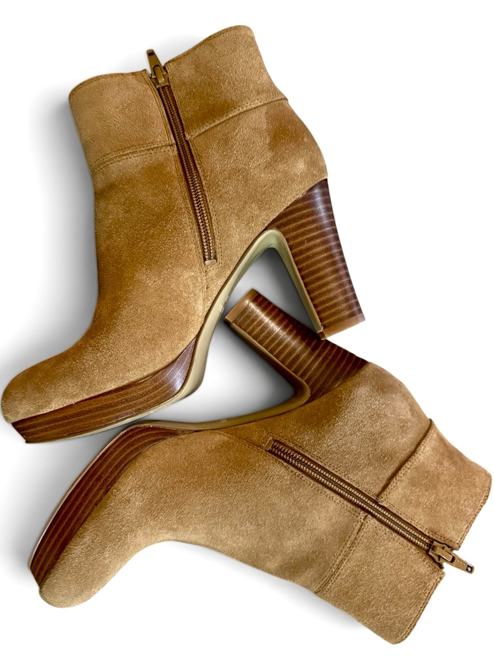 Nine West Eriellao Camel Suede Leather Ankle Booties Block Heel Side Zip Size 7M